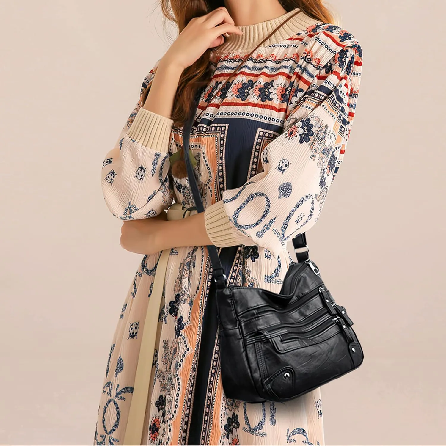 WITERY Crossboby Bag for Women - Soft PU Leather Multi-Pocket Shoulder Bag Handbag with Adjustable Strap