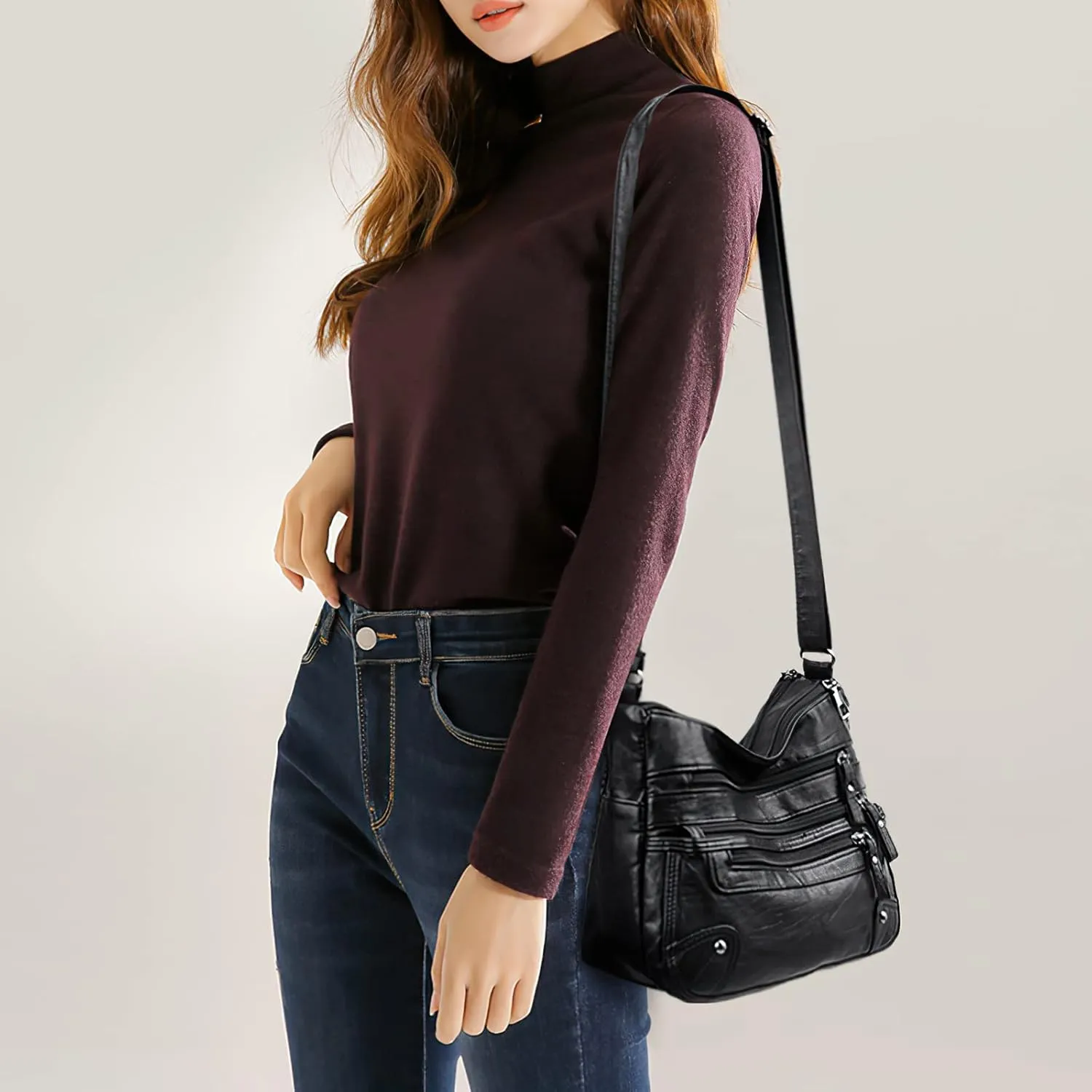 WITERY Crossboby Bag for Women - Soft PU Leather Multi-Pocket Shoulder Bag Handbag with Adjustable Strap