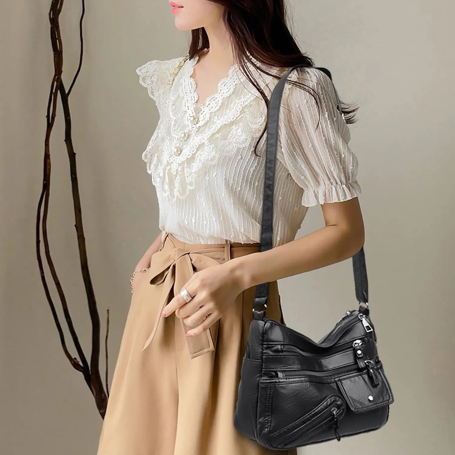 WITERY Crossboby Bag for Women - Soft PU Leather Multi-Pocket Shoulder Bag Handbag with Adjustable Strap