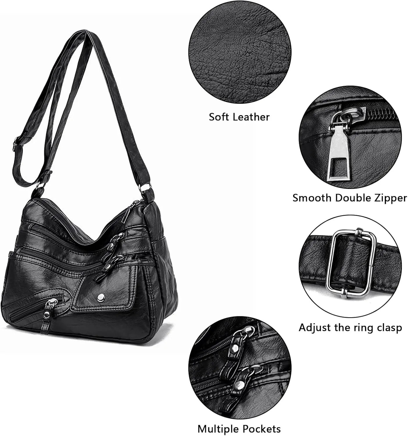 WITERY Crossboby Bag for Women - Soft PU Leather Multi-Pocket Shoulder Bag Handbag with Adjustable Strap