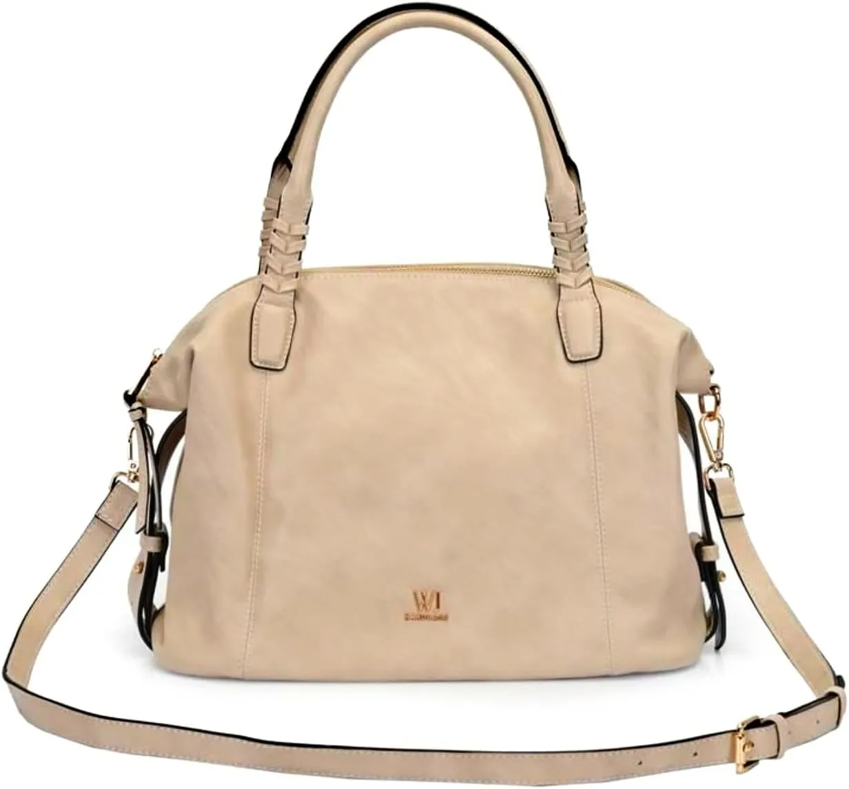 WJ Accessories Women's Leather Satchel Handbag, Gray, Braided Handle with Crossbody Strap