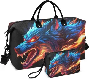 Wolf Flame Colorful Travel Duffel Bag with Toiletry Bag Weekender Bag for Carry on Sports Gym Bag for Hospital Shopping
