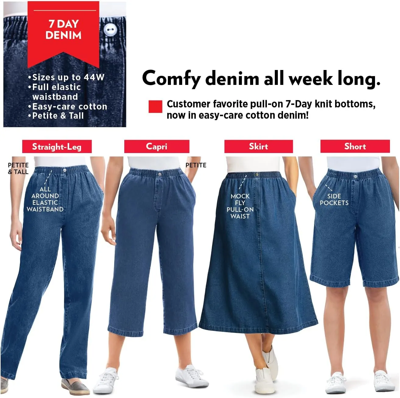 Woman Within Plus Size 7-Day Elastic-Waist Cotton Denim Short