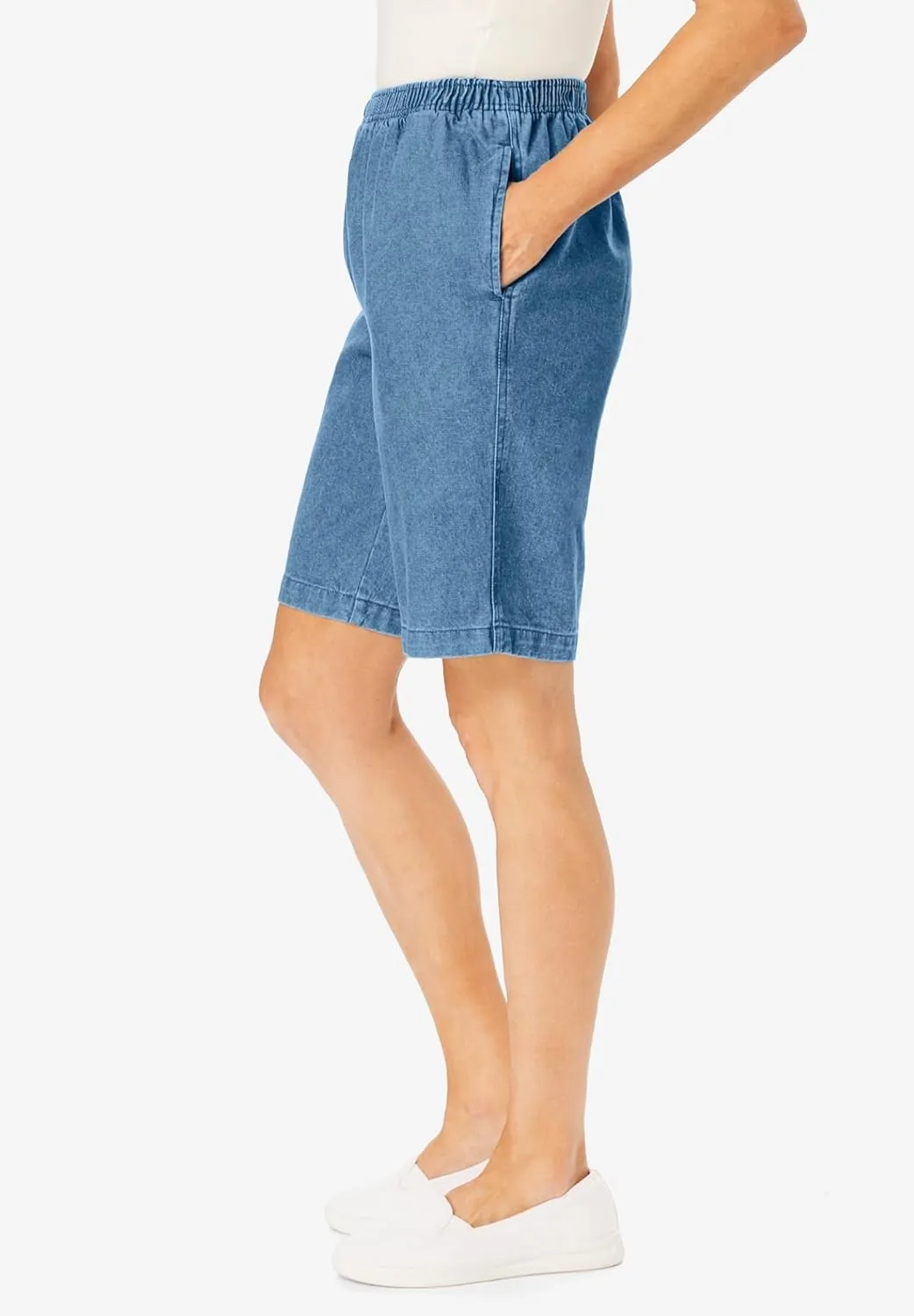Woman Within Plus Size 7-Day Elastic-Waist Cotton Denim Short