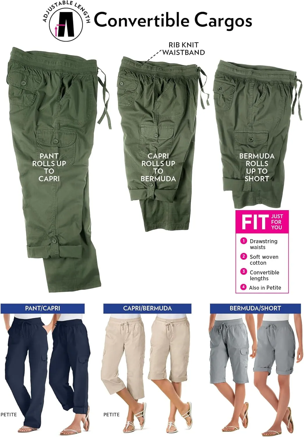 Woman Within Plus Size Convertible 2-in-1 Cargo Pant & Capri Elastic Waist