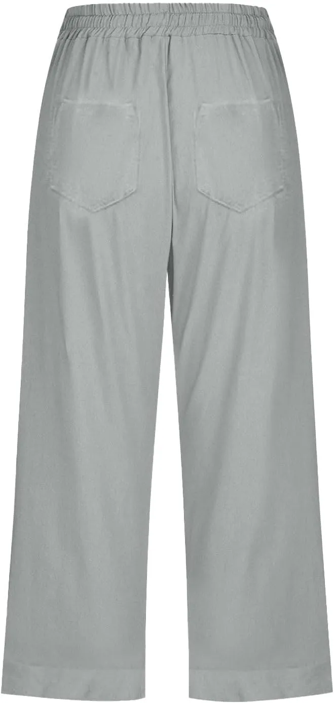Women 3/4 Length Cotton Linen Pants Trendy Hiking Jogger Athletic Sweatpants High Waisted Straight Leg Casual Trouser