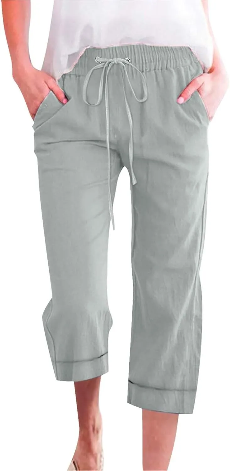 Women 3/4 Length Cotton Linen Pants Trendy Hiking Jogger Athletic Sweatpants High Waisted Straight Leg Casual Trouser