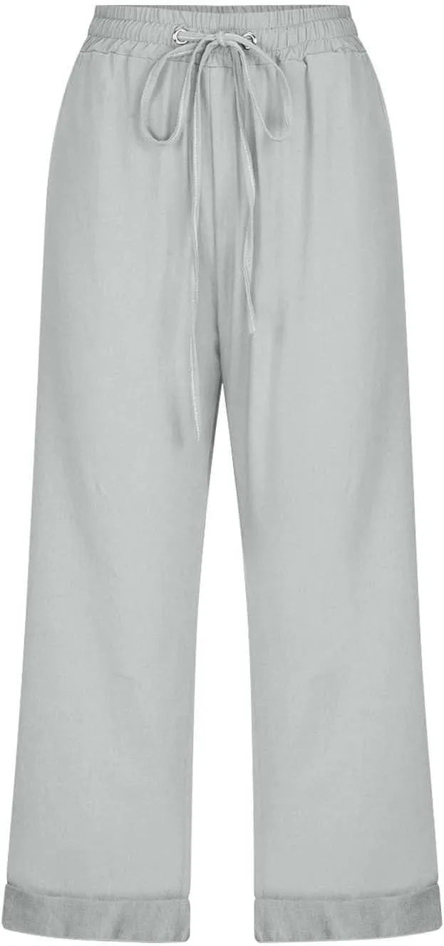Women 3/4 Length Cotton Linen Pants Trendy Hiking Jogger Athletic Sweatpants High Waisted Straight Leg Casual Trouser