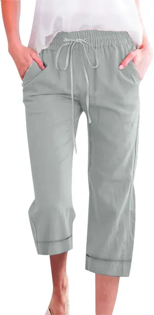 Women 3/4 Length Cotton Linen Pants Trendy Hiking Jogger Athletic Sweatpants High Waisted Straight Leg Casual Trouser