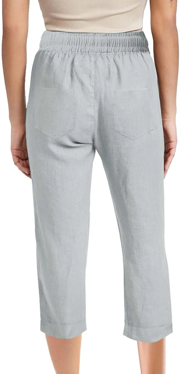 Women 3/4 Length Cotton Linen Pants Trendy Hiking Jogger Athletic Sweatpants High Waisted Straight Leg Casual Trouser