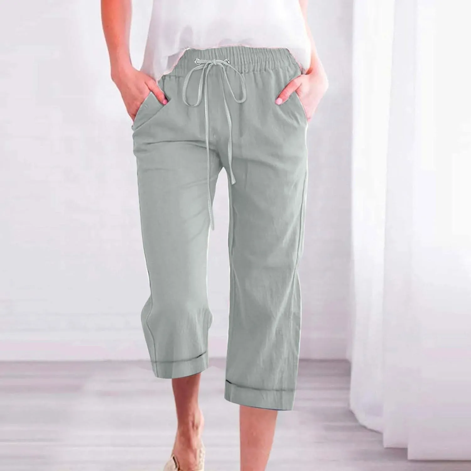 Women 3/4 Length Cotton Linen Pants Trendy Hiking Jogger Athletic Sweatpants High Waisted Straight Leg Casual Trouser