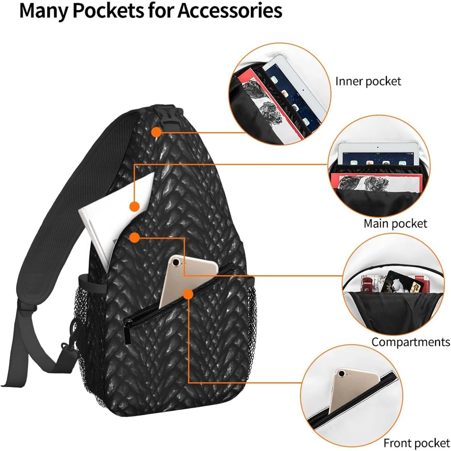 Women 3D Black Dragon Scales Crossbody Sling Backpack for Men Chest Bag Shoulder Bag Lightweight One Strap Backpack Travel Outdoor Daypack