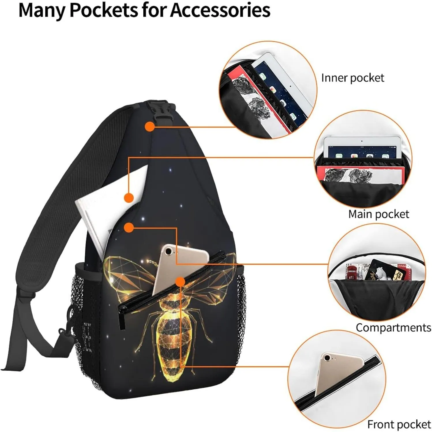 Women Abstract Polygons Golden Bee Crossbody Sling Backpack for Men Chest Bag Shoulder Bag Lightweight One Strap Backpack Travel Outdoor Daypack