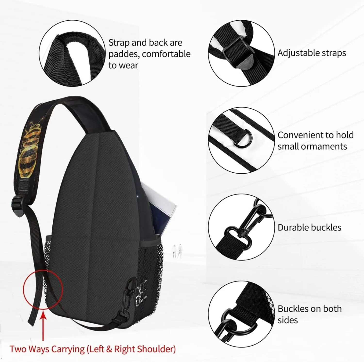 Women Abstract Polygons Golden Bee Crossbody Sling Backpack for Men Chest Bag Shoulder Bag Lightweight One Strap Backpack Travel Outdoor Daypack