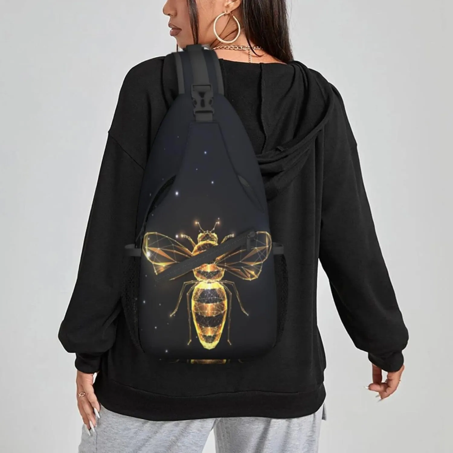 Women Abstract Polygons Golden Bee Crossbody Sling Backpack for Men Chest Bag Shoulder Bag Lightweight One Strap Backpack Travel Outdoor Daypack