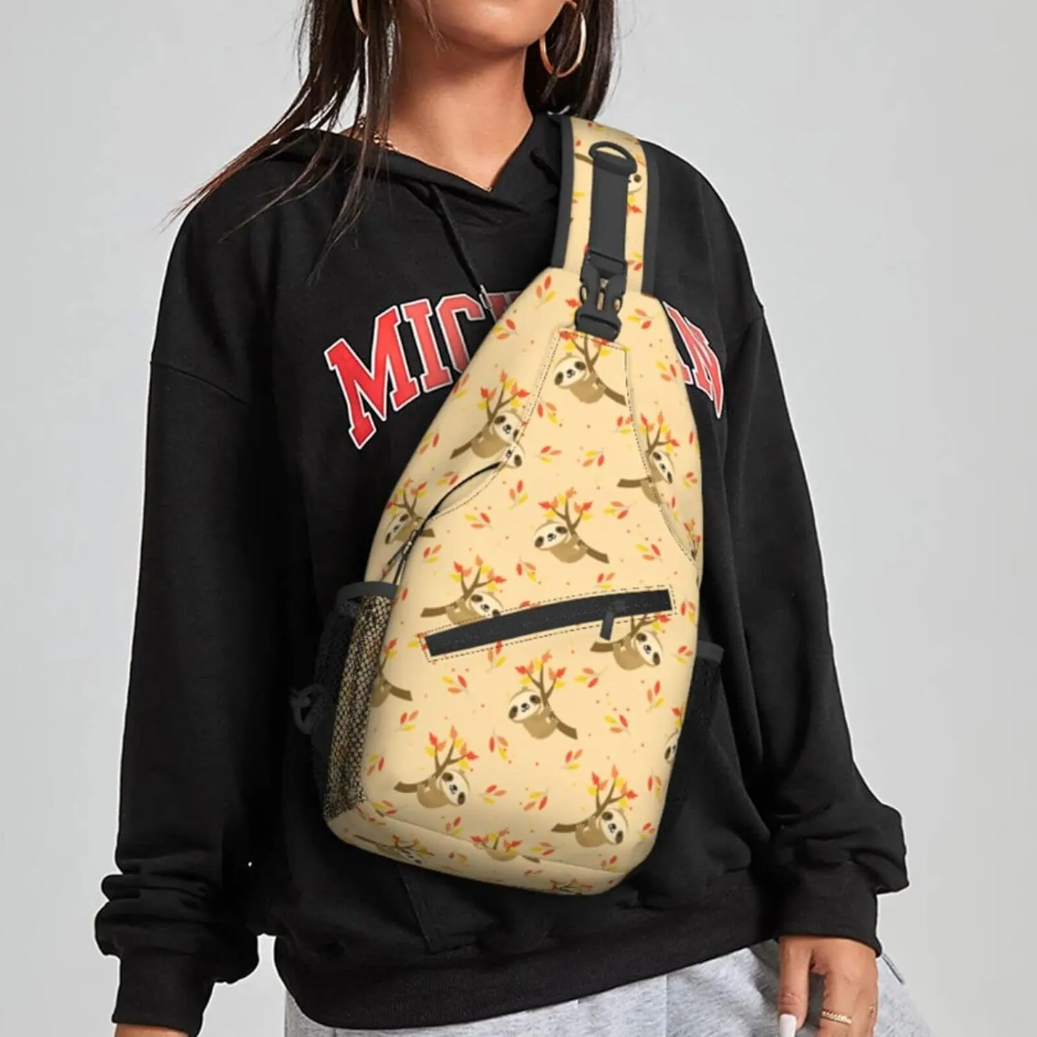 Women Autumn Sloth Fall Tree Crossbody Sling Backpack for Men Chest Bag Shoulder Bag Lightweight One Strap Backpack Travel Outdoor Daypack
