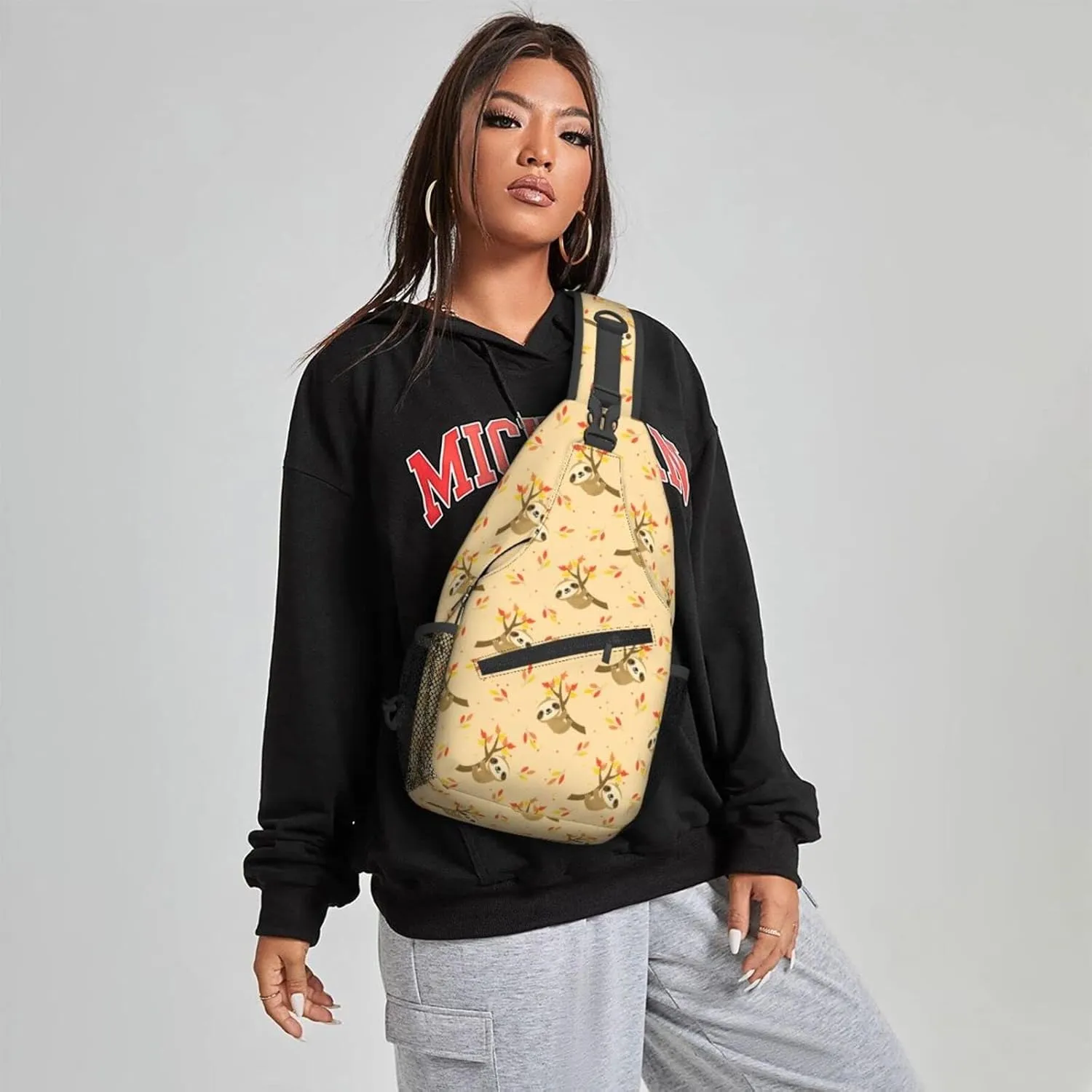 Women Autumn Sloth Fall Tree Crossbody Sling Backpack for Men Chest Bag Shoulder Bag Lightweight One Strap Backpack Travel Outdoor Daypack
