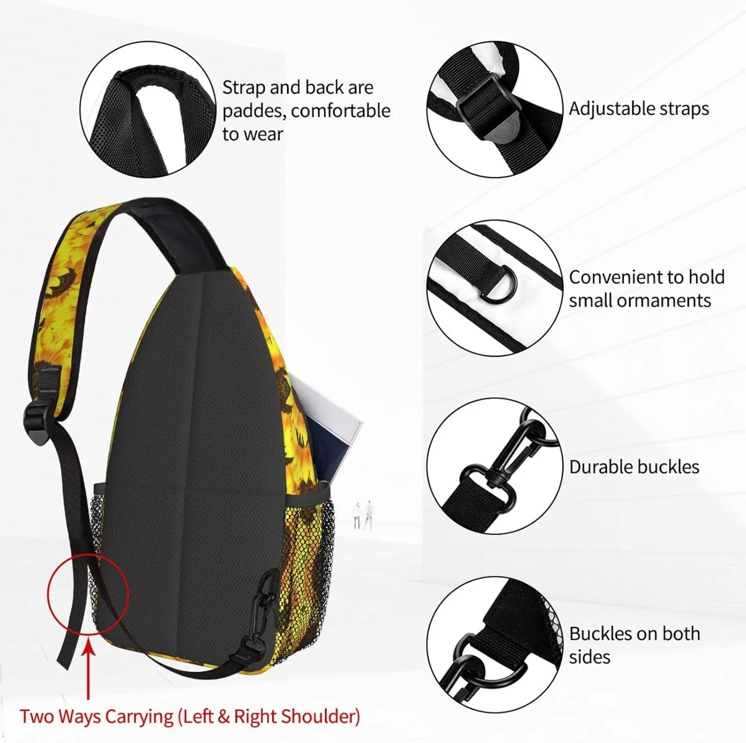 Women Bright Sunflowers Crossbody Sling Backpack for Men Chest Bag Shoulder Bag Lightweight One Strap Backpack Travel Outdoor Daypack