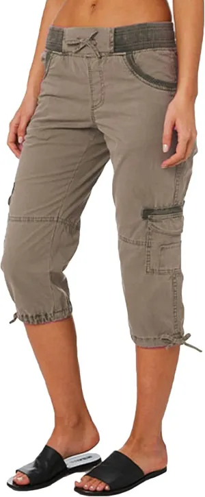 Women Cargo Capris Drawstring Elastic Waist Solid Capri Pants Multi-Pockets Hiking Travel Outdoor Trousers