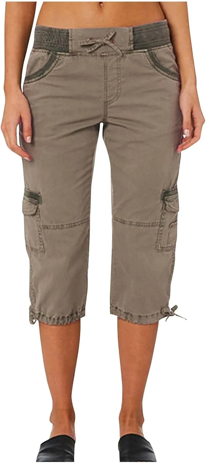 Women Cargo Capris Drawstring Elastic Waist Solid Capri Pants Multi-Pockets Hiking Travel Outdoor Trousers