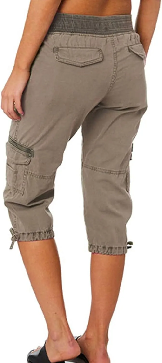 Women Cargo Capris Drawstring Elastic Waist Solid Capri Pants Multi-Pockets Hiking Travel Outdoor Trousers