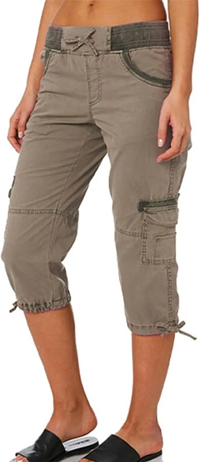 Women Cargo Capris Drawstring Elastic Waist Solid Capri Pants Multi-Pockets Hiking Travel Outdoor Trousers