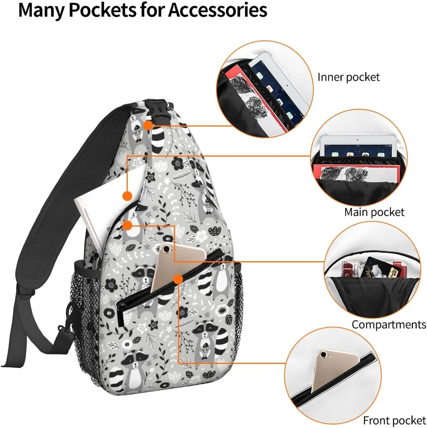 Women Cartoon Animals Raccoon Crossbody Sling Backpack for Men Chest Bag Shoulder Bag Lightweight One Strap Backpack Travel Outdoor Daypack