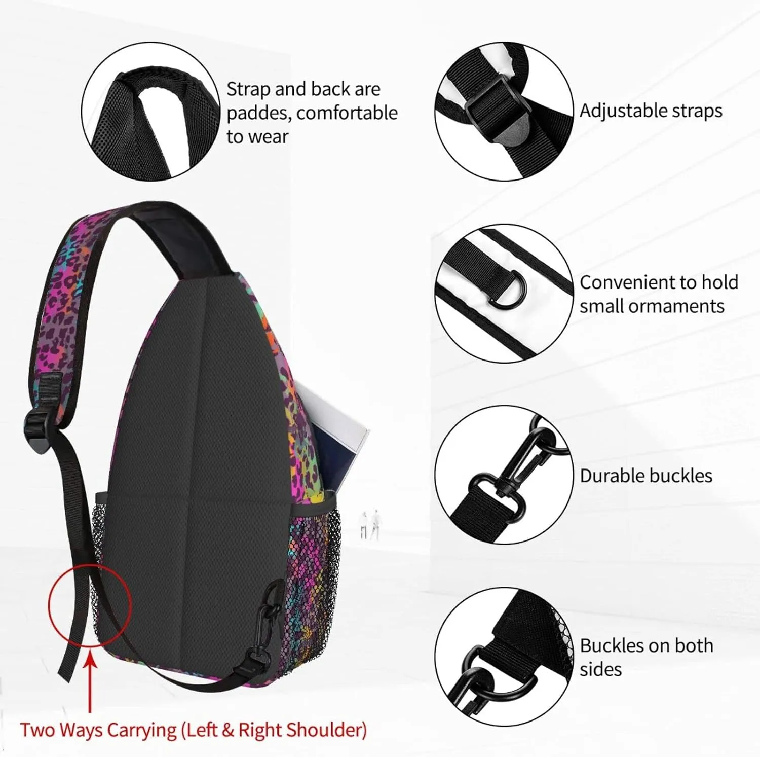 Women Colorful Leopard Pattern Crossbody Sling Backpack for Men Chest Bag Shoulder Bag Lightweight One Strap Backpack Travel Outdoor Daypack