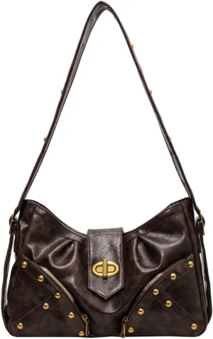 Women Crossbody Shoulder Bag Rivet Punk Hobo Tote Bag Retro Pleated Dumpling Bag