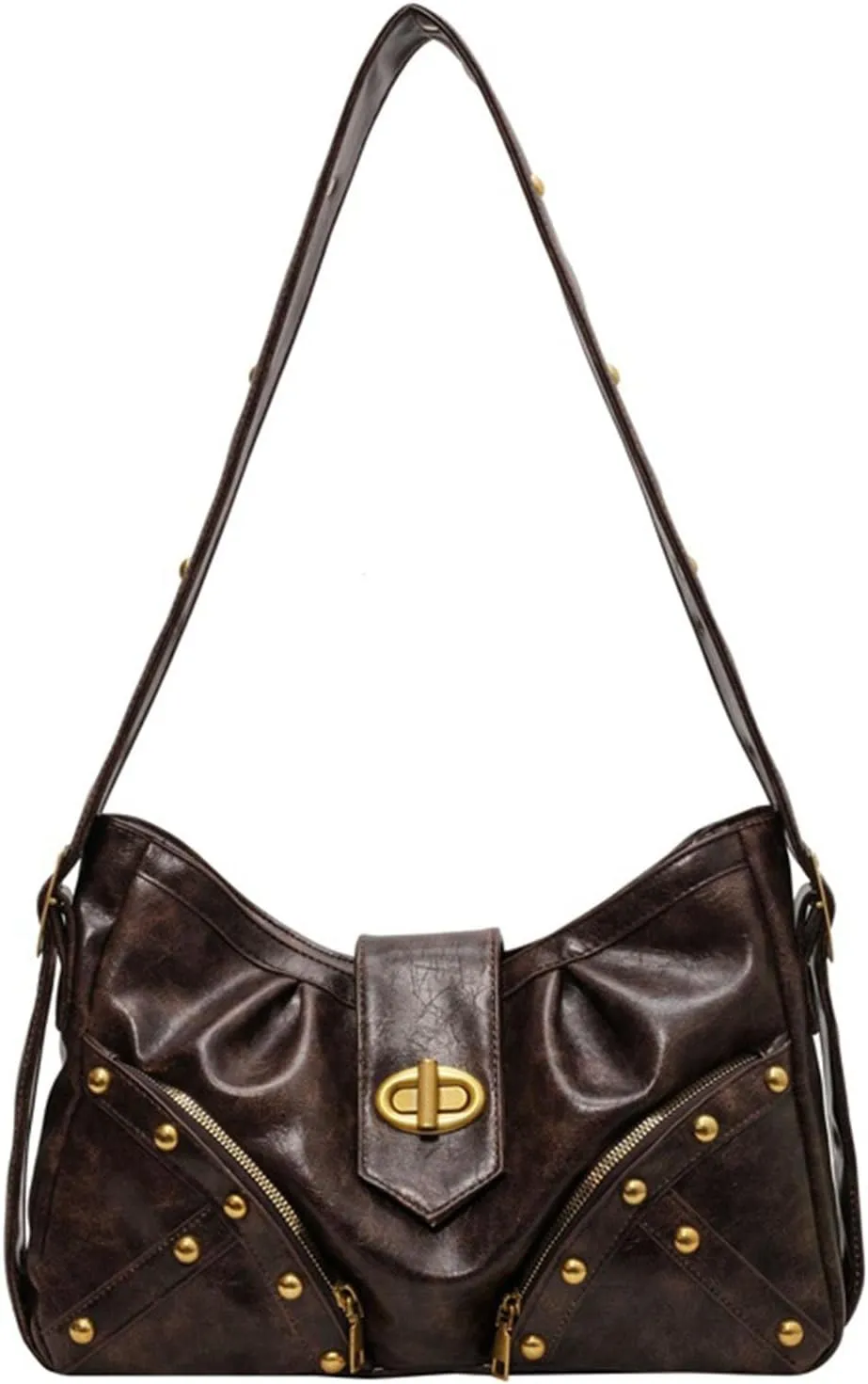 Women Crossbody Shoulder Bag Rivet Punk Hobo Tote Bag Retro Pleated Dumpling Bag