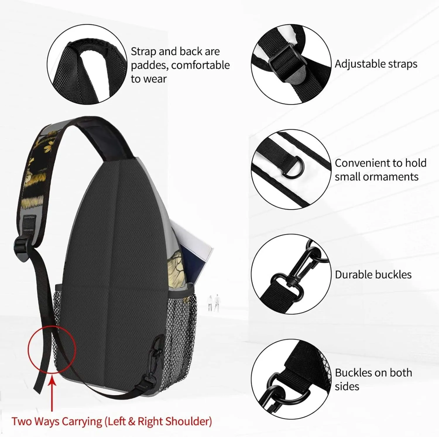 Women Cute Flowers Bee Crossbody Sling Backpack for Men Chest Bag Shoulder Bag Lightweight One Strap Backpack Travel Outdoor Daypack