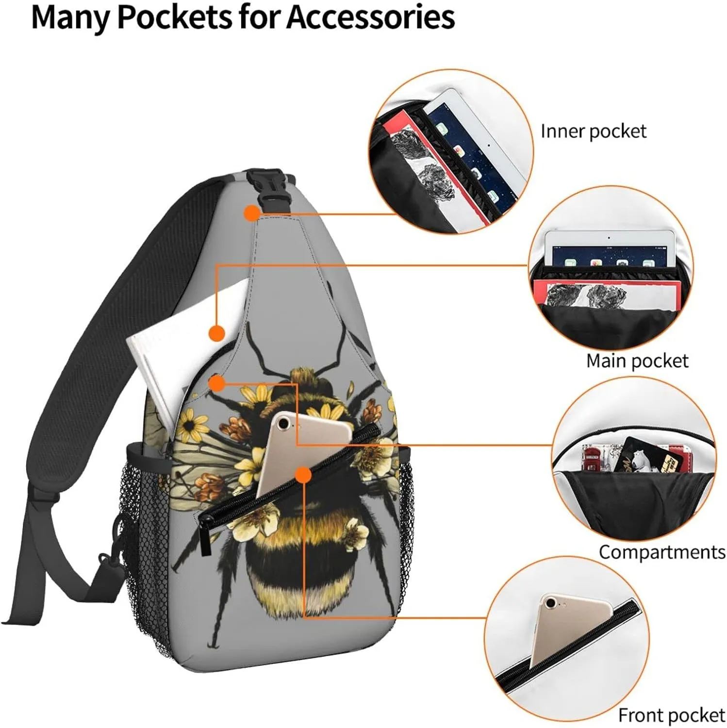 Women Cute Flowers Bee Crossbody Sling Backpack for Men Chest Bag Shoulder Bag Lightweight One Strap Backpack Travel Outdoor Daypack