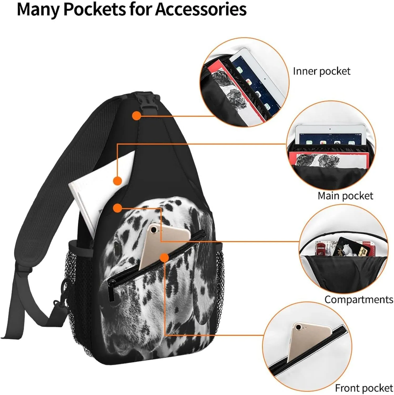 Women Dalmatian Dog Head Crossbody Sling Backpack for Men Chest Bag Shoulder Bag Lightweight One Strap Backpack Travel Outdoor Daypack
