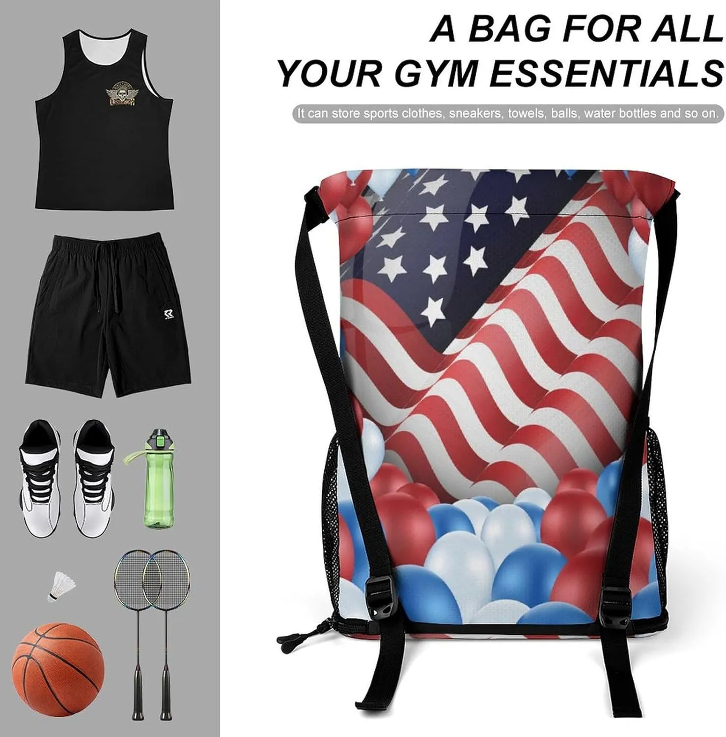 Women Drawstring Zipper Backpack Gym Bag Compatible with American Flag Balloon, Waterproof Polyester Outdoor Drawstring String Backpack Party Supplies Gift Sports Bag