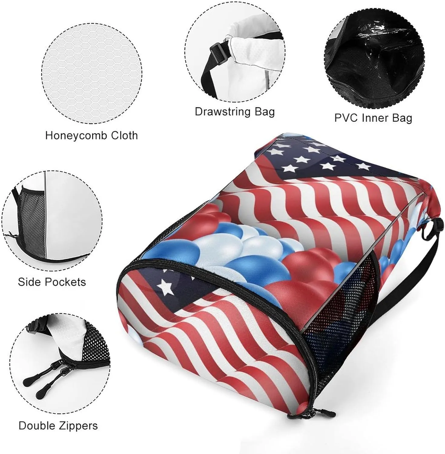 Women Drawstring Zipper Backpack Gym Bag Compatible with American Flag Balloon, Waterproof Polyester Outdoor Drawstring String Backpack Party Supplies Gift Sports Bag