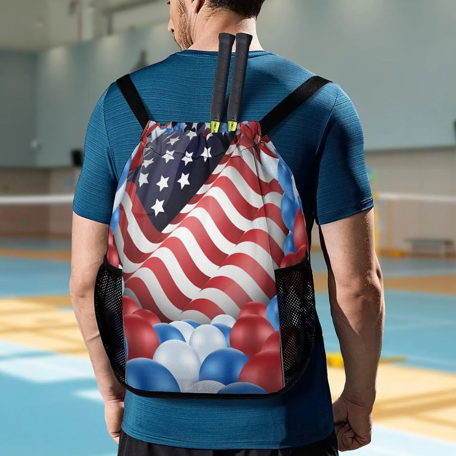 Women Drawstring Zipper Backpack Gym Bag Compatible with American Flag Balloon, Waterproof Polyester Outdoor Drawstring String Backpack Party Supplies Gift Sports Bag