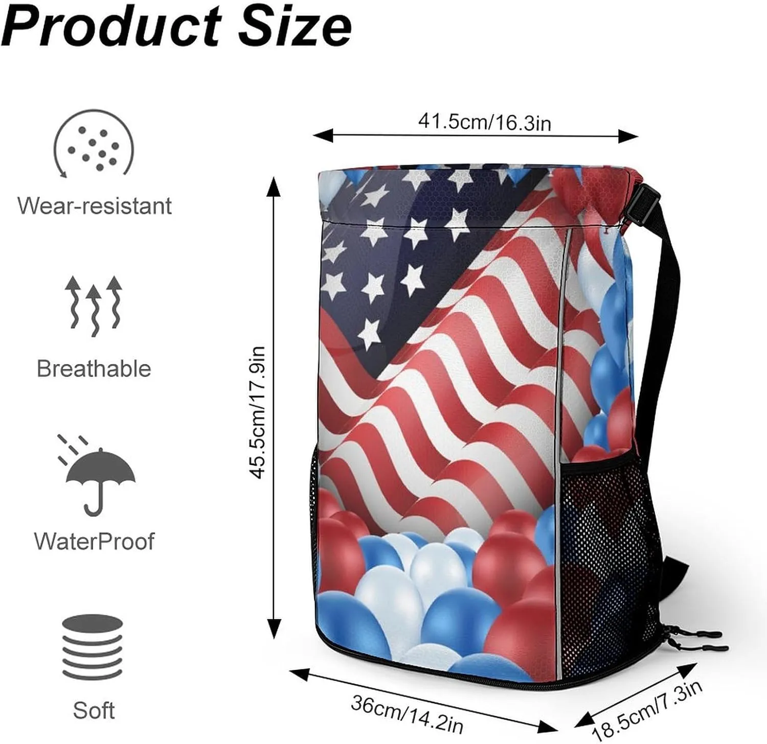 Women Drawstring Zipper Backpack Gym Bag Compatible with American Flag Balloon, Waterproof Polyester Outdoor Drawstring String Backpack Party Supplies Gift Sports Bag
