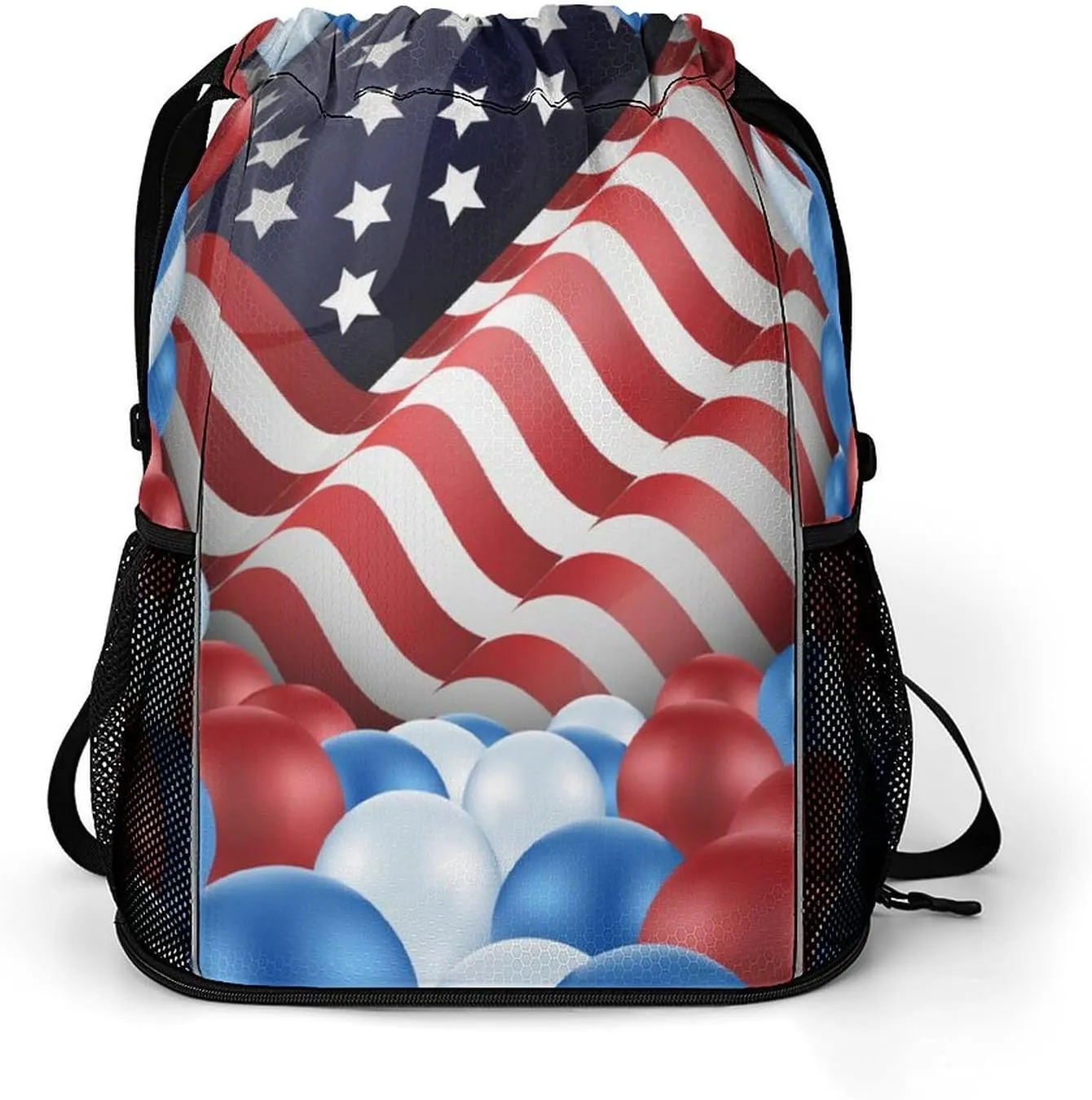 Women Drawstring Zipper Backpack Gym Bag Compatible with American Flag Balloon, Waterproof Polyester Outdoor Drawstring String Backpack Party Supplies Gift Sports Bag