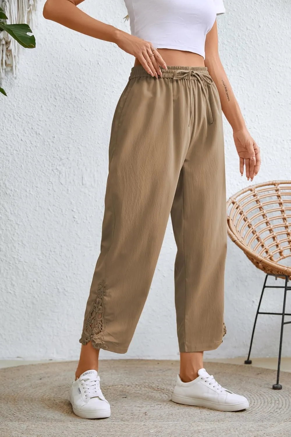 Women Fashion 2025 Casual Lightweight Drawstring Elastic Waist Pants with Pockets
