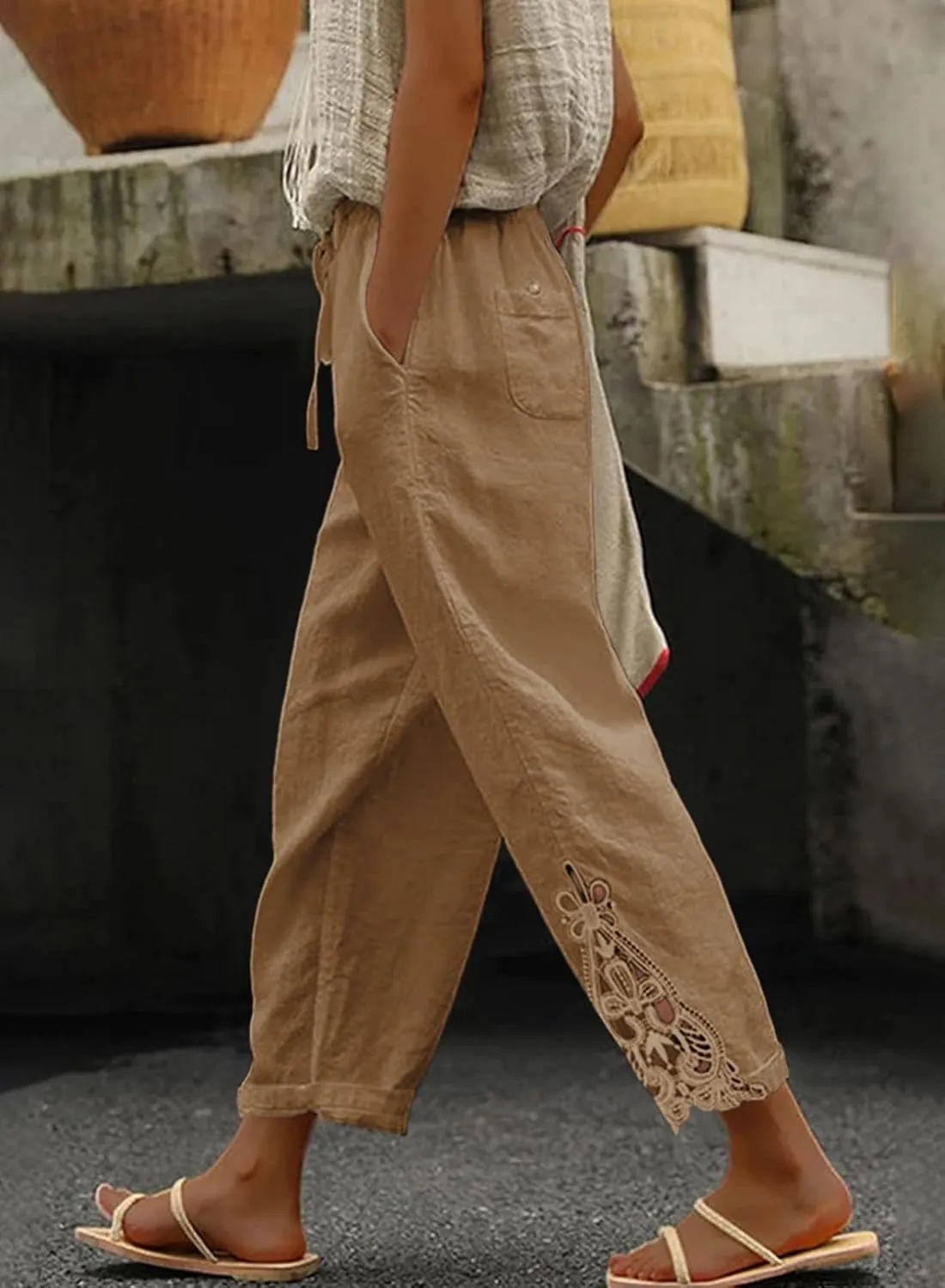 Women Fashion 2025 Casual Lightweight Drawstring Elastic Waist Pants with Pockets