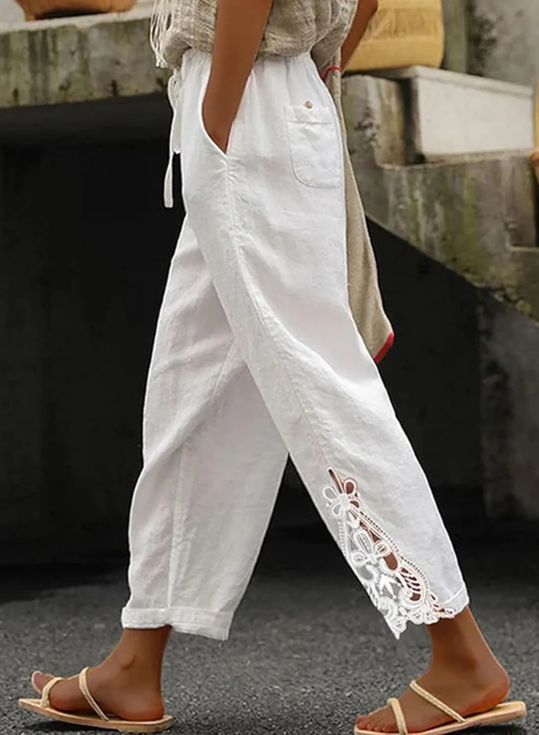 Women Fashion 2025 Casual Lightweight Drawstring Elastic Waist Pants with Pockets