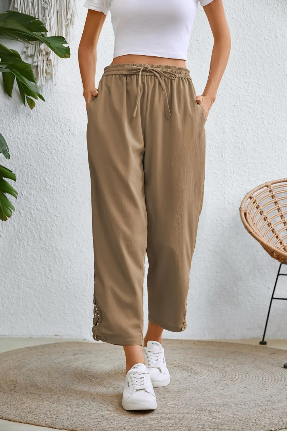 Women Fashion 2025 Casual Lightweight Drawstring Elastic Waist Pants with Pockets