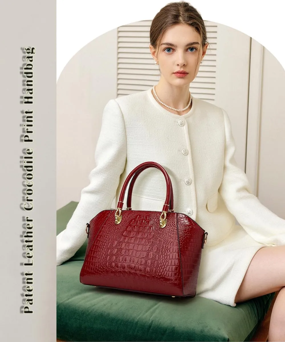 Women Fashion Crocodile Pattern Handbag and Purse Patent Leather Shiny Top-handle Tote Shopper Work Shoulder Satchel