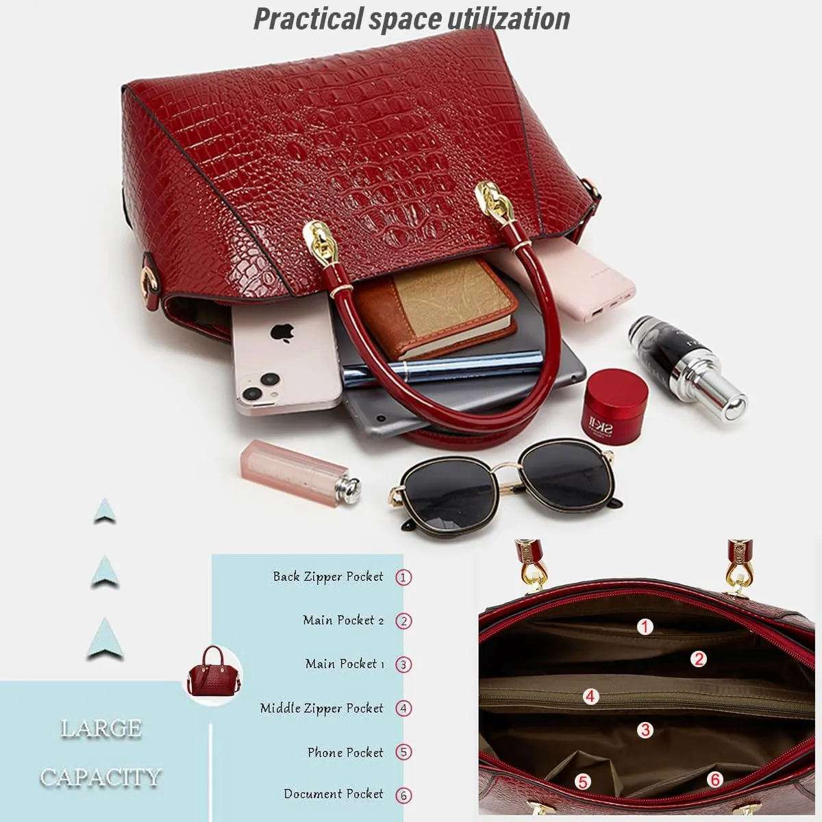 Women Fashion Crocodile Pattern Handbag and Purse Patent Leather Shiny Top-handle Tote Shopper Work Shoulder Satchel