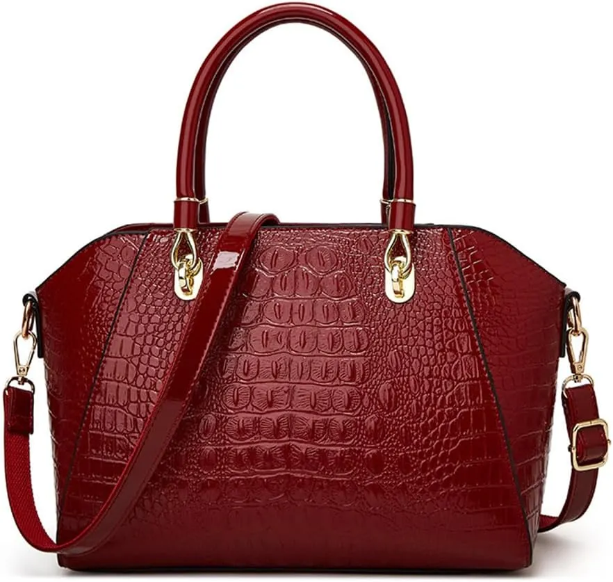 Women Fashion Crocodile Pattern Handbag and Purse Patent Leather Shiny Top-handle Tote Shopper Work Shoulder Satchel