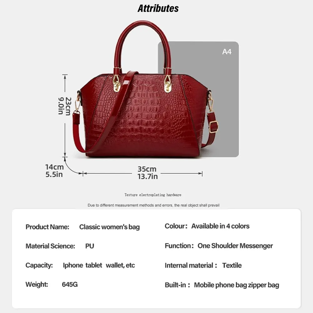 Women Fashion Crocodile Pattern Handbag and Purse Patent Leather Shiny Top-handle Tote Shopper Work Shoulder Satchel