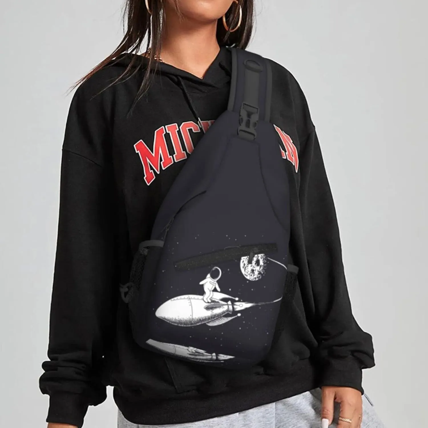 Women Funny Astronaut Surf in Space Crossbody Sling Backpack for Men Chest Bag Shoulder Bag Lightweight One Strap Backpack Travel Outdoor Daypack
