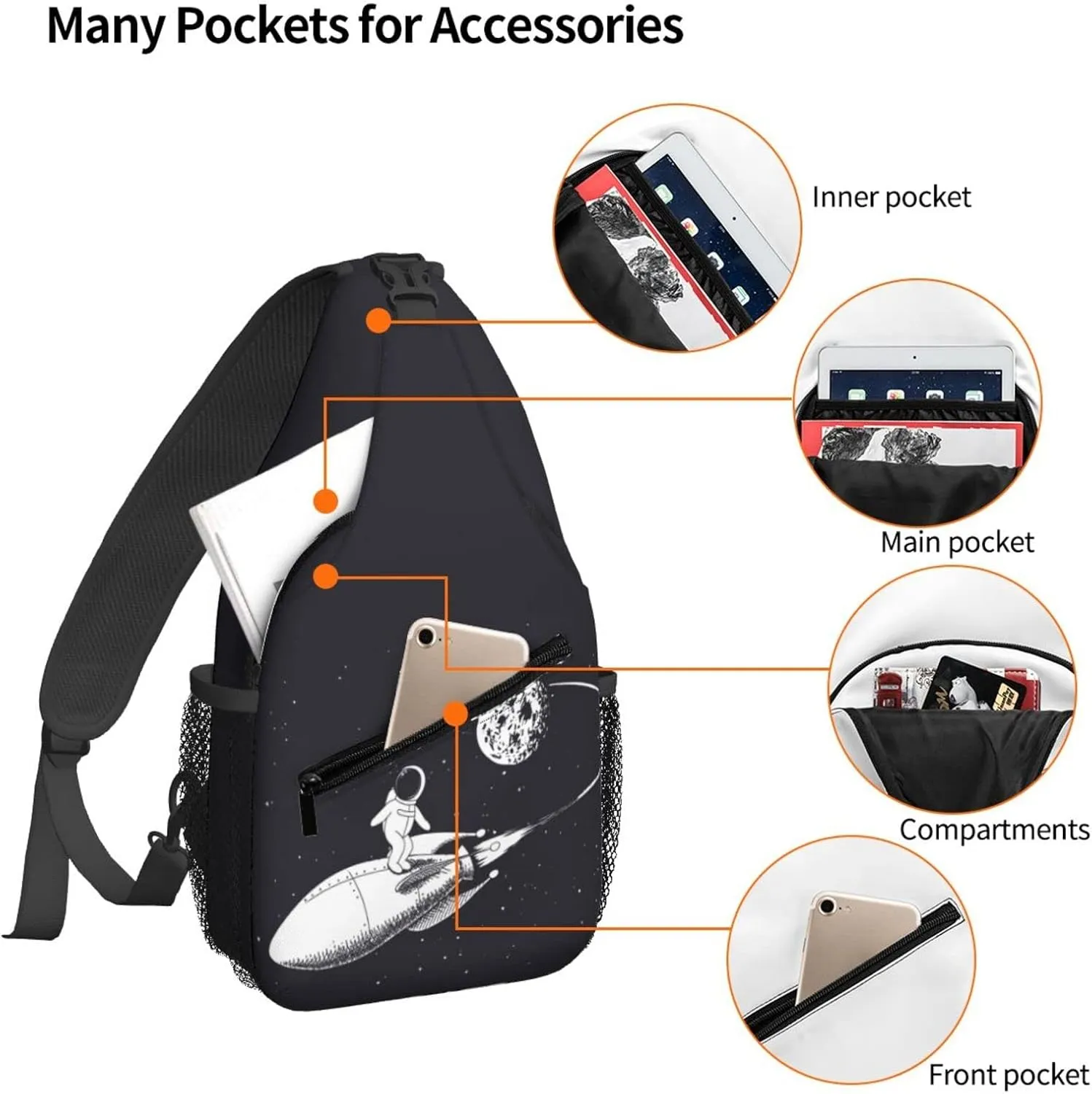 Women Funny Astronaut Surf in Space Crossbody Sling Backpack for Men Chest Bag Shoulder Bag Lightweight One Strap Backpack Travel Outdoor Daypack