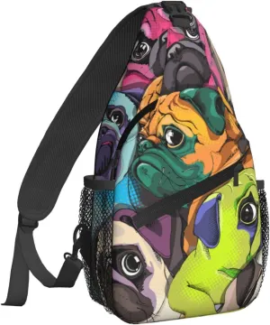 Women Funny Colorful Pug Dogs Crossbody Sling Backpack for Men Chest Bag Shoulder Bag Lightweight One Strap Backpack Travel Outdoor Daypack