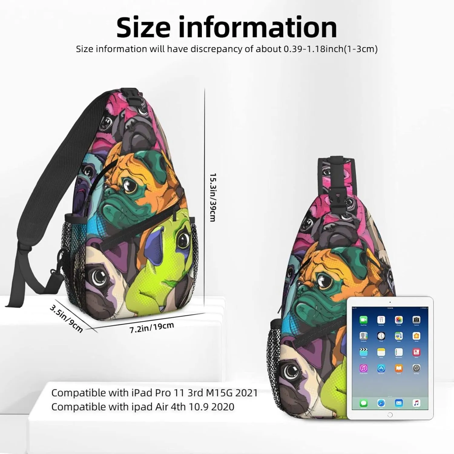 Women Funny Colorful Pug Dogs Crossbody Sling Backpack for Men Chest Bag Shoulder Bag Lightweight One Strap Backpack Travel Outdoor Daypack